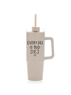 EVERY DEJ IS GUD DEJ - béžový cestovný hrnček s priehľadným viečkom 900 ml
