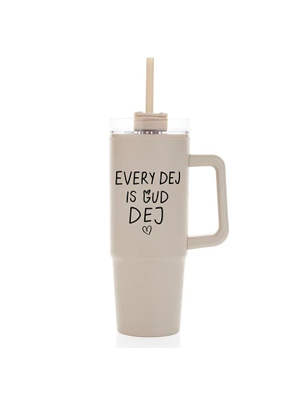 EVERY DEJ IS GUD DEJ - béžový cestovný hrnček s priehľadným viečkom 900 ml