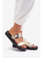 Skórzane Klapki Damskie Na Platformie Zazoo 3024 Złote