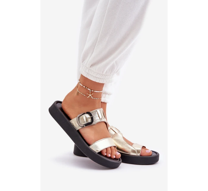 Skórzane Klapki Damskie Na Platformie Zazoo 3024 Złote