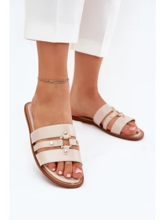 Płaskie Klapki Damskie Ze Złotym Detalem Beżowe Noroti