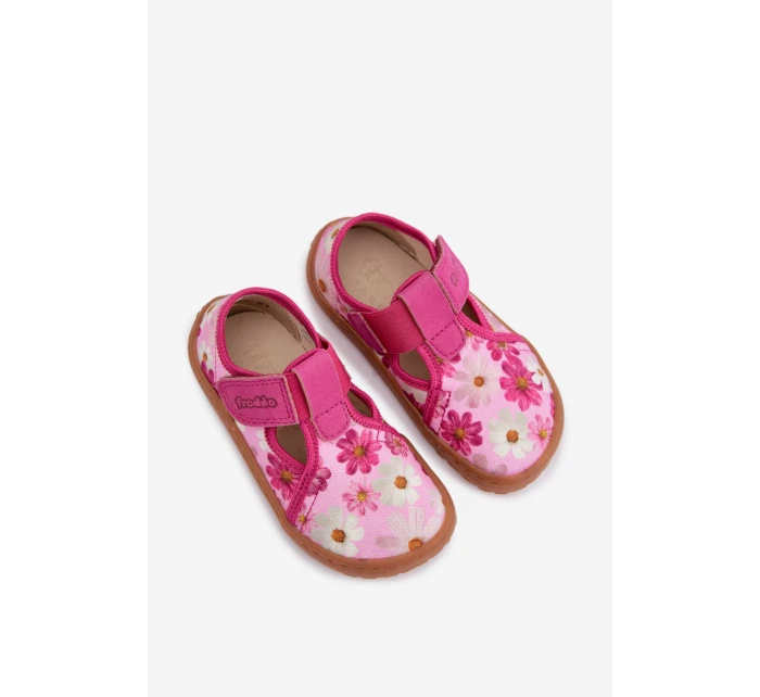 Dětské domácí pantofle na suchý zip s květinovým vzorem Barefoot Froddo Cannvas G1700439-4 Růžové