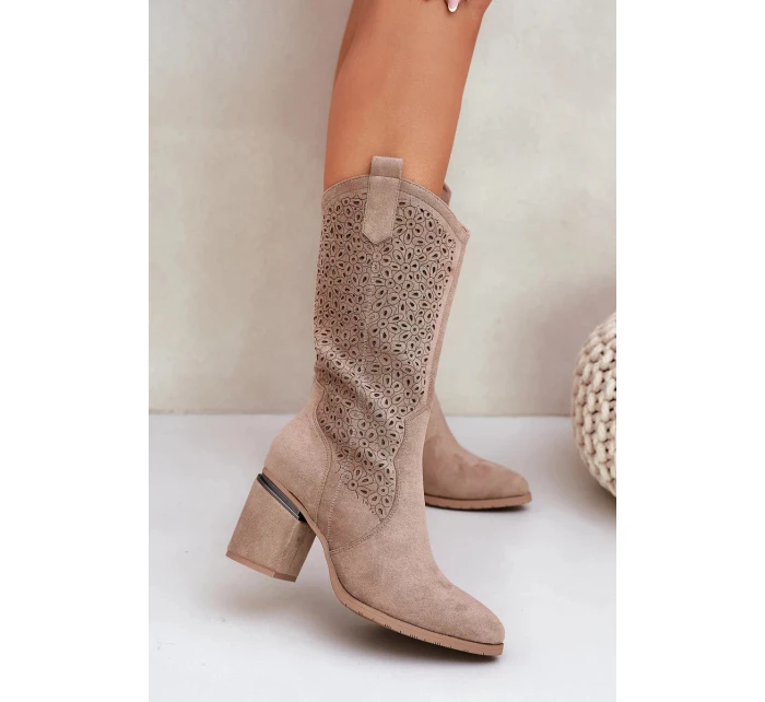 Dámske perforované čižmy do polovice lýtok v kovbojskom štýle S.Barski - béžové, ekokoža