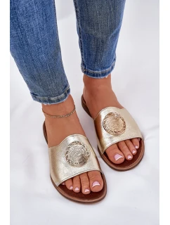 model 21686340 Kožené Pantofle Na Plochém Podpatku S Ozdobou Zlaté - Zazoo