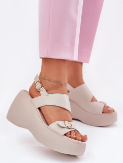 Skórzane Sandały Damskie Na Koturnie I Platformie S.Barski LR51-540 Beżowe