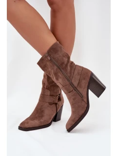 Dámské boty zateplené na podpatku s pásky a ozdobným detailem hnědé model 21706831 - Boto
