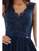 dlouhé elegantní maxi šaty s krajkovým a rozparkem na nohou tmavě modré model 21318836 - numoco