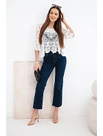 Dámsky bavlnený sveter s krátkym rukávom azura s ozdobným vzorom biely