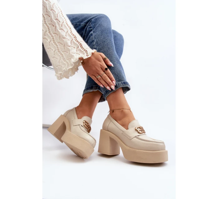Zazoo 20170 Półbuty Skórzane Damskie Na Słupku Jasnobeżowe