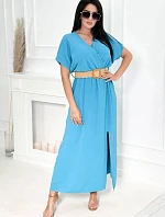 Dlhé šaty s ozdobným opaskom 6012F modré - Kesi