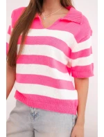 Dámský pruhovaný svetr s límečkem a krátkým rukávem neonově růžový