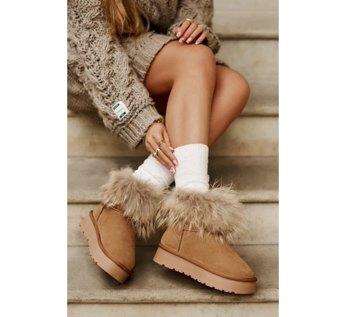 Skórzane Śniegowce Na Platformie Z Futerkiem Camel Avirisa