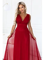 687-2 Elegantní maxi šaty s výstřihem do V a odhalenými zády – světle vínová