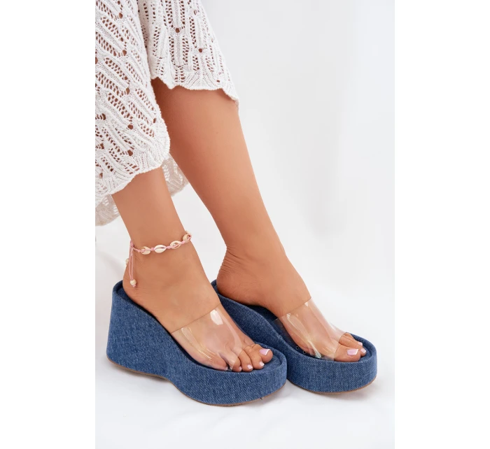 Dámské Pantofle Na Klínu S Páskem Džínové model 21699263 - Boto