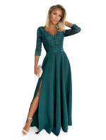 Elegantné dlhé šaty s čipkovým výstrihom Numoco AMBER - zelené