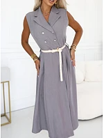model 22214885 Elegantní midi košilka se zlatými knoflíky a páskem šedá - numoco basic model 22214885 Elegantní midi košilka se zlatými knoflíky a páskem šedá - numoco basic
