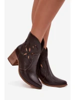 Botki Damskie Ażurowe Z Naturalnej Skóry Na Słupku Zazoo 3690 Czekoladowe