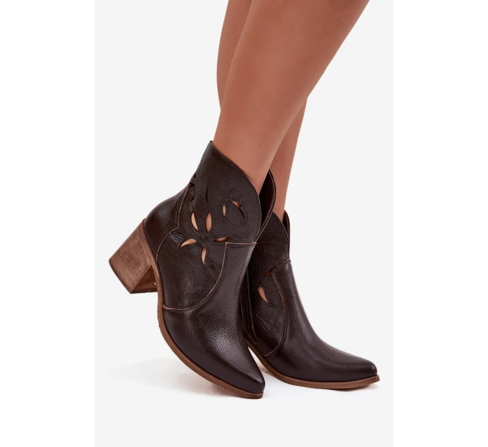 Botki Damskie Ażurowe Z Naturalnej Skóry Na Słupku Zazoo 3690 Czekoladowe