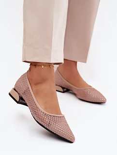 Baleríny na nízkém podpatku síťované s ozdobou Vinceza 62294 Béžové