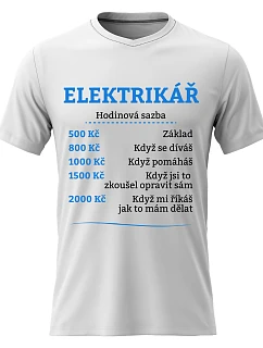 Pánské bavlněné tričko s potiskem - HODINOVÁ SAZBA - ELEKTRIKÁŘ - bílé