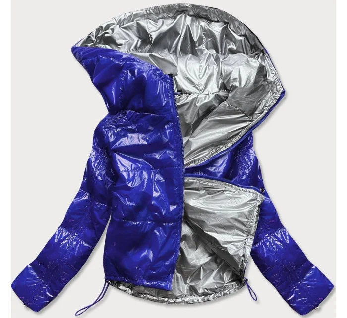 Svetlo modrá lesklá prešívaná dámska bunda s kapucňou (B9560)