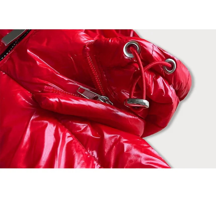 Krátka červená prešívaná dámska bunda s kapucňou (CAN-333)