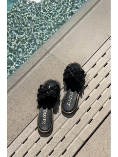 Zazoo 40381 Damskie Skórzane Klapki Na Płaskim Obcasie Czarne