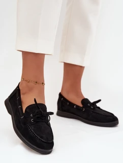 Półbuty Mokasyny Damskie Płaskie Z Wiązaniem Czarne Zalina