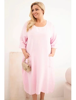 Plus veľkosť dámske viskózové šaty s vreckami a krátkymi rukávmi Candy Pink