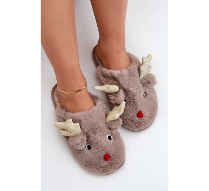 Kapcie Świąteczne Z Motywem Renifera Futrzane Ciemnobeżowe Asielle