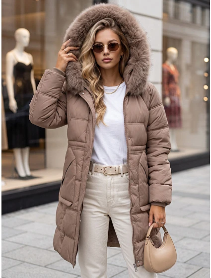 Dámska zimná prešívaná bunda s kapucňou, béžová, FashionStreet TY5821 Dámska zimná prešívaná bunda s kapucňou, béžová, FashionStreet TY5821