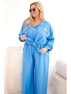 Dámský Plus Size komplet s košilí a širokými kalhotami džínový
