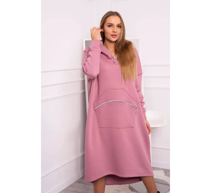Zateplené šaty s kapucňou tmavo ružové