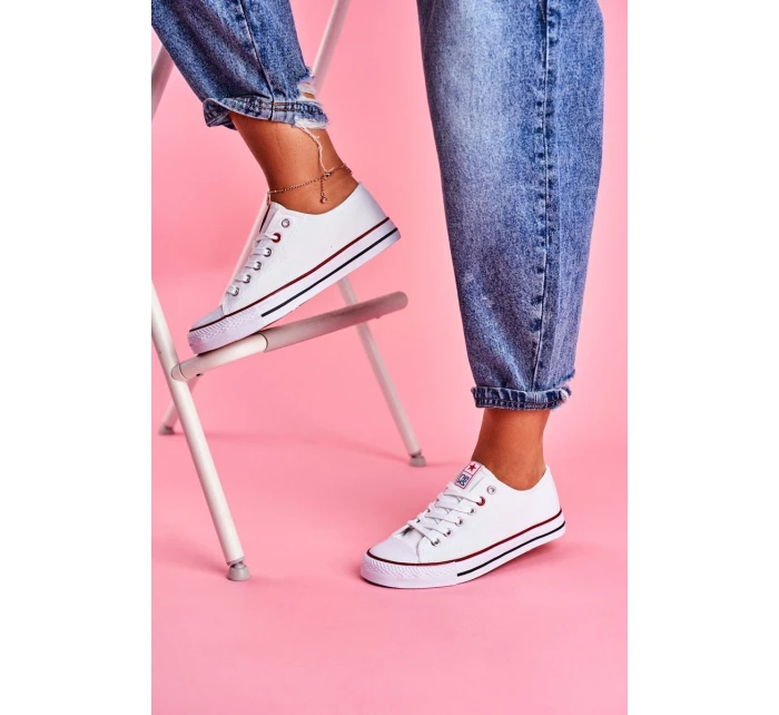 Damskie Klasyczne Trampki Białe Z Czerwoną Lamówką Ecoma Damskie Klasyczne Trampki Białe Z Czerwoną Lamówką Ecoma