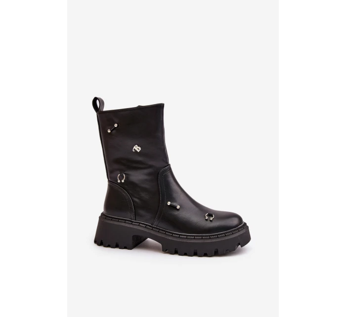 Botki Damskie Eko Skórzane Na Zamek Z Ozdobnymi Detalami Czarne Reritha Botki Damskie Eko Skórzane Na Zamek Z Ozdobnymi Detalami Czarne Reritha