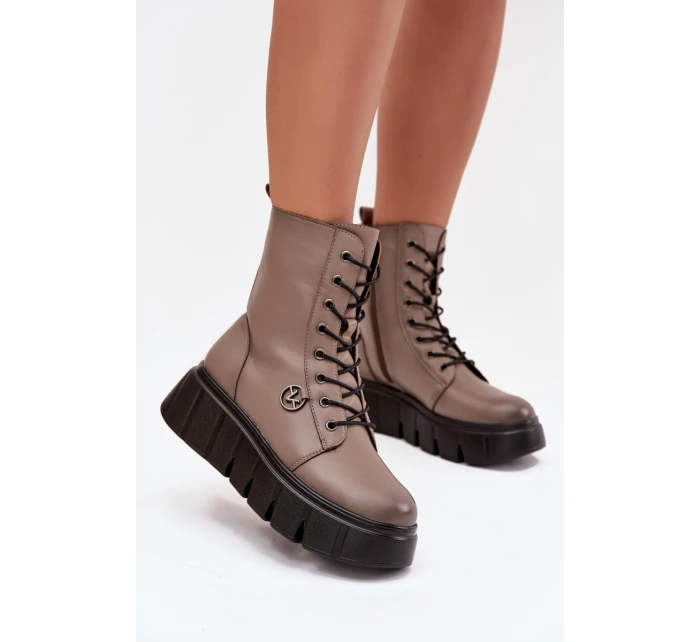 Botki Workery Damskie Na Platformie Ocieplane Vinceza 58588 Ciemnobeżowe