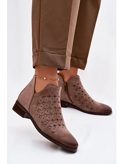 Dámské perforované kotníkové boty na nízkém podpatku model 22100842 tmavě béžové - VINCEZA