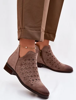 Dámské perforované kotníkové boty na nízkém podpatku model 22100842 tmavě béžové - VINCEZA