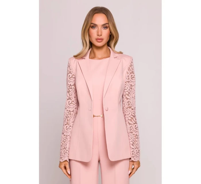 Dámské sako s krajkovými rukávy model 21857561 Pudr růžová - Moe