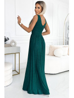 Dlouhé dámské šaty v lahvově zelené barvě s výstřihem a v pase model 19665333 - numoco