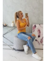 Halenka bez ramínek s volánky v hořčicové barvě Halenka bez ramínek s volánky v hořčicové barvě