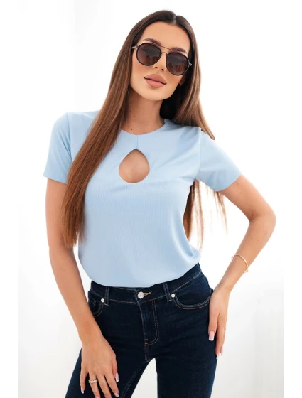Dámská viskózová žebrovaná halenka s ozdobným u modrá model 22025274 - K-Fashion Dámská viskózová žebrovaná halenka s ozdobným u modrá model 22025274 - K-Fashion