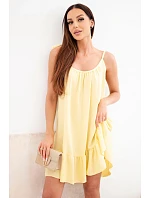 Dámske viskózové šaty bez ramienok s volánom a viazankou žlté