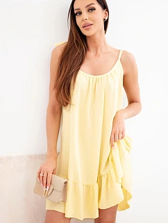 Dámske viskózové šaty bez ramienok s volánom a viazankou žlté