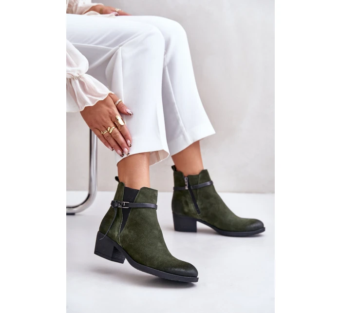 Zazoo 60478 Zamszowe Botki Na Obcasie Ocieplane Zapinane Na Zamek Ciemnozielone