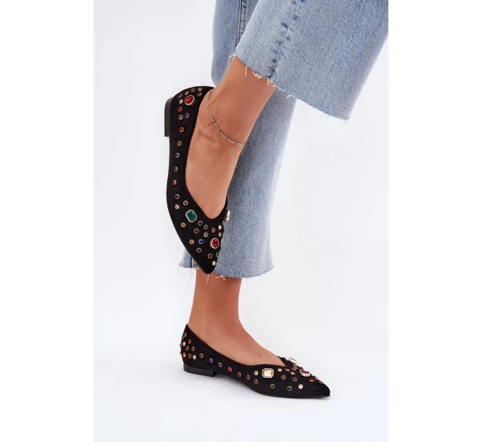 Baleriny Damskie Zdobione Kryształkami Czarne Valena