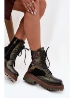 Skórzane Botki  Damskie Na Platformie Maciejka 07104-09 Ciemnozielone