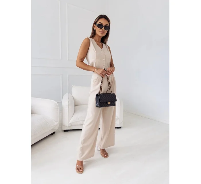Elegantní béžový dámský komplet krátká vesta a široké kalhoty model 19761446 - Moon