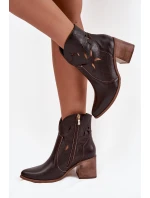 Botki Damskie Ażurowe Z Naturalnej Skóry Na Słupku Zazoo 3690 Czekoladowe