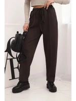 Elegantní dámské kalhoty s vysokým pasem a šněrováním v pase hnědé